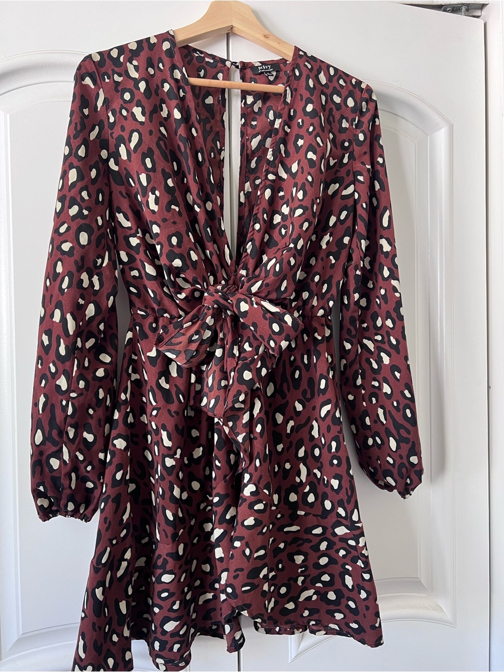 Long-Sleeve Burgundy Leopard Tie-Front Mini Dress